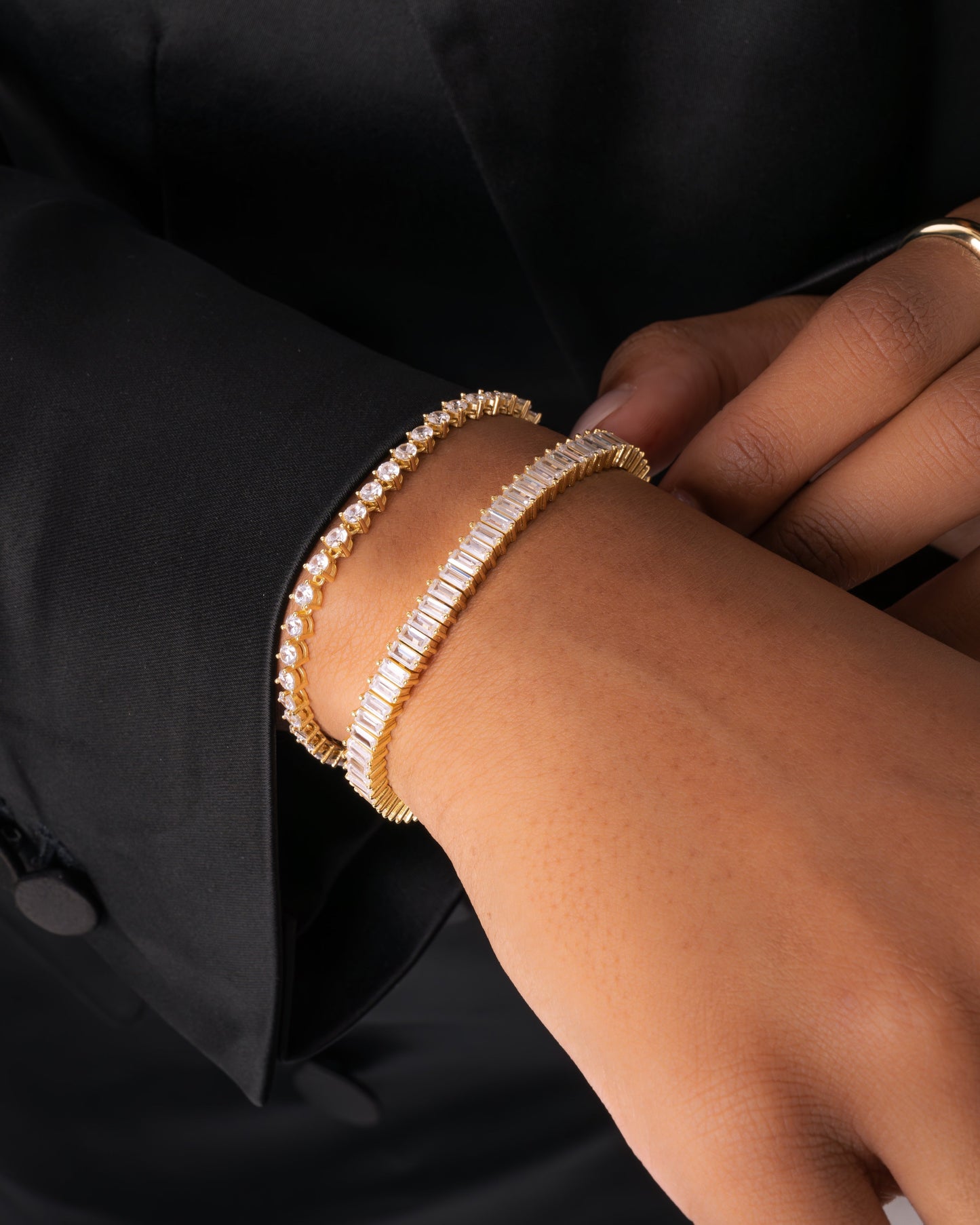 gold baguette bracelet with cubic zirconia stones