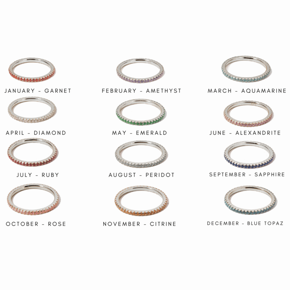 closeup image of gemstone rings featuring all the different birthstones