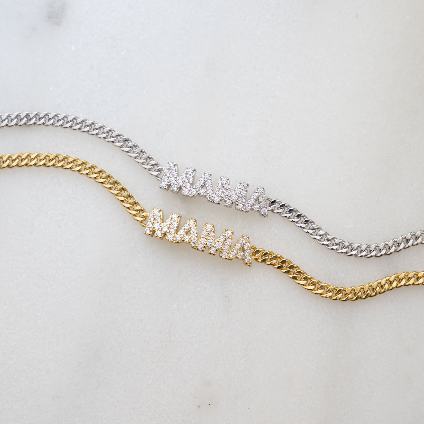 Gold chain bracelet and silver chain bracelet with MAMA charm