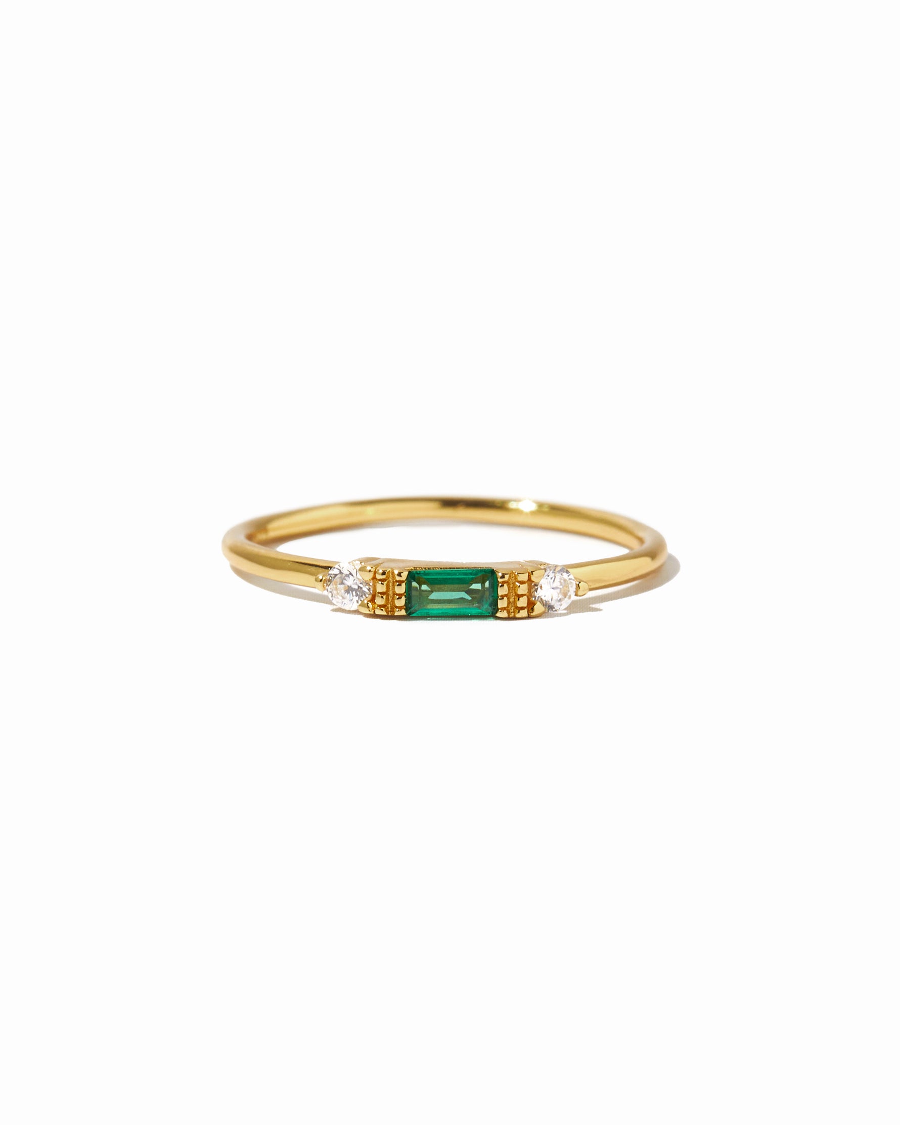 gold emerald green dainty baguette stacking ring