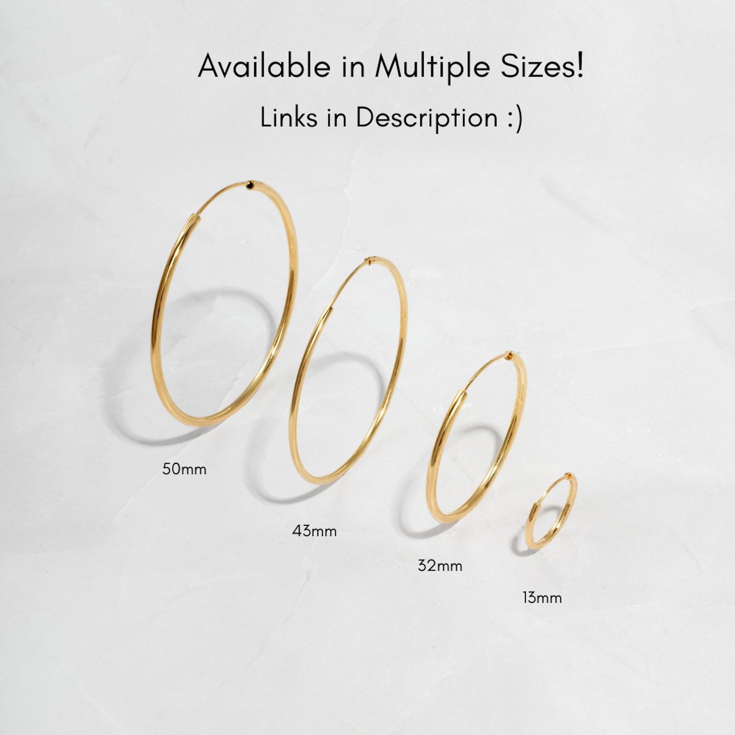 infographic showcasing the different sizes available for this dainty gold hoop earring