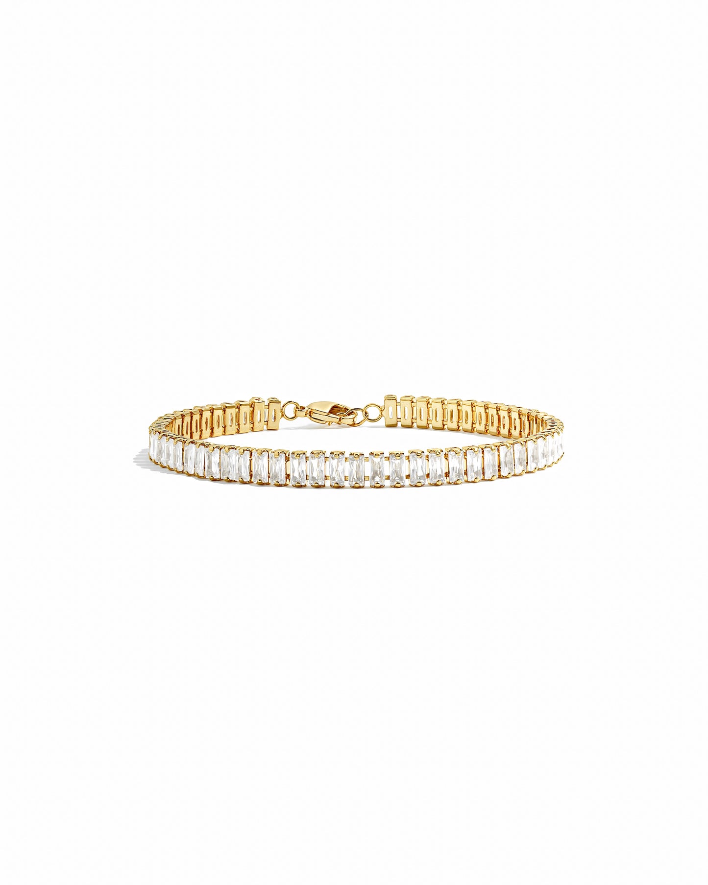 gold baguette bracelet with lobster clasp closure