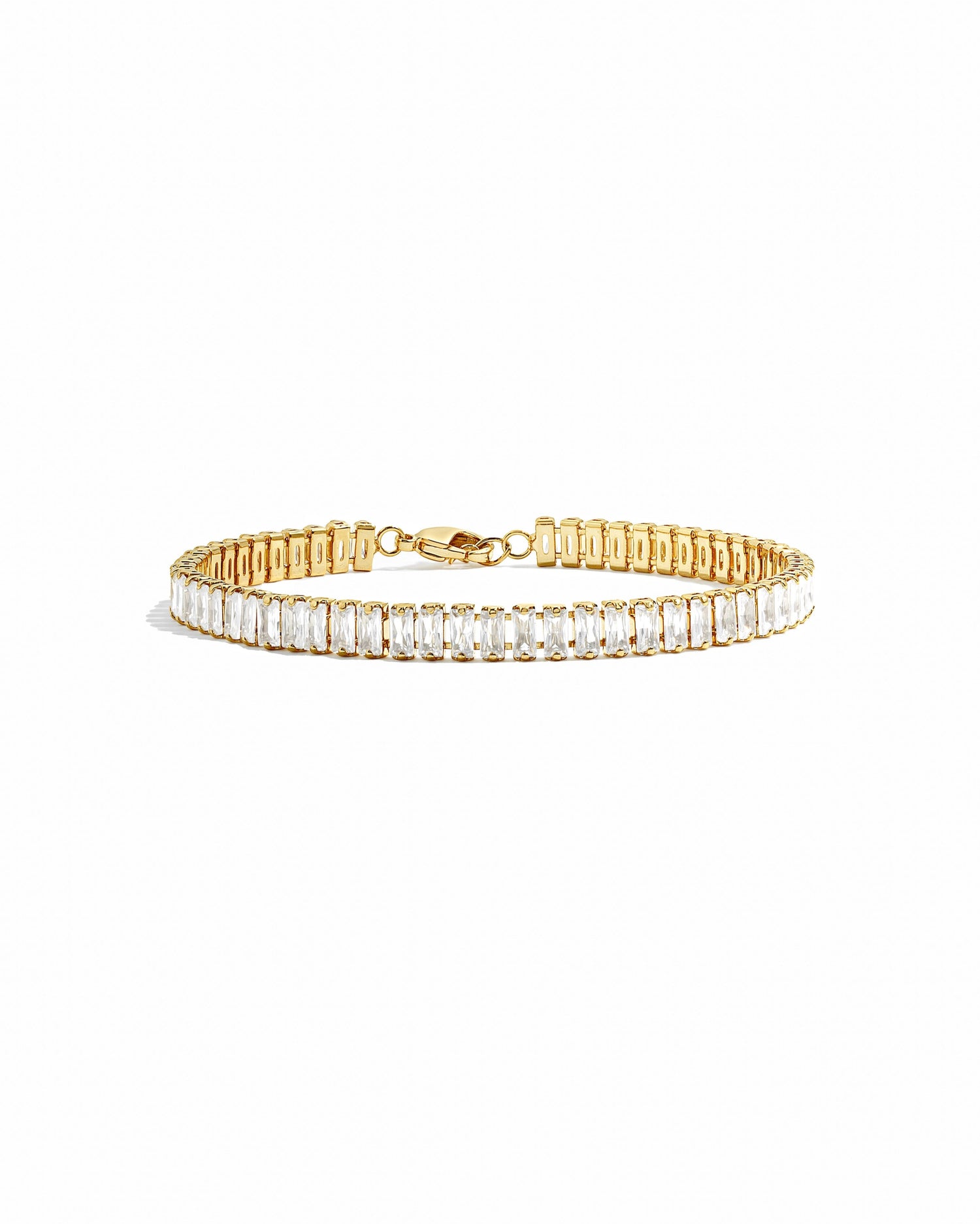 gold baguette bracelet with lobster clasp closure