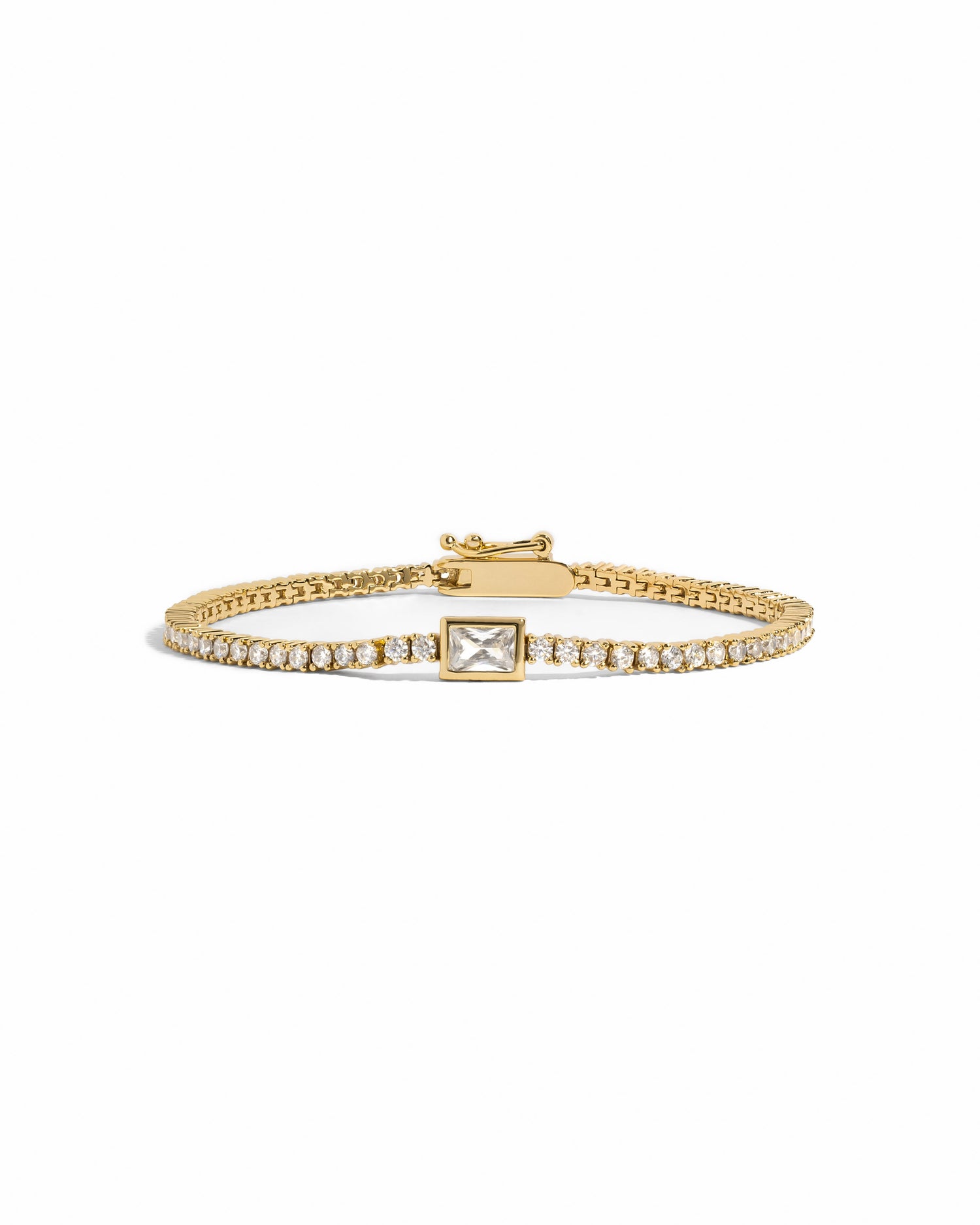 14K gold Plated High Quality Bezeled Emerald-Cut Charm Tennis Bracelet