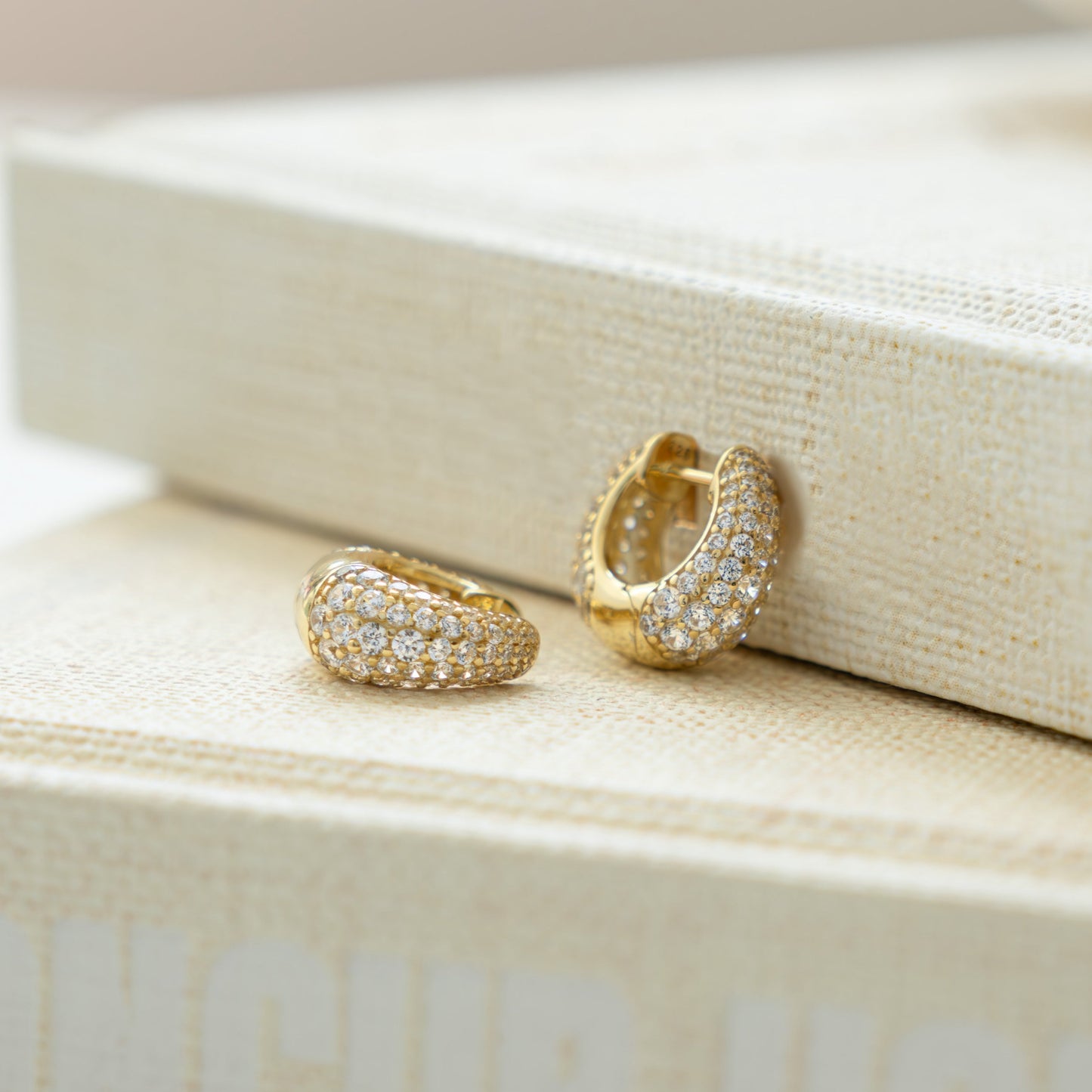 Closeup view of statement gold hoop earrings laying against book