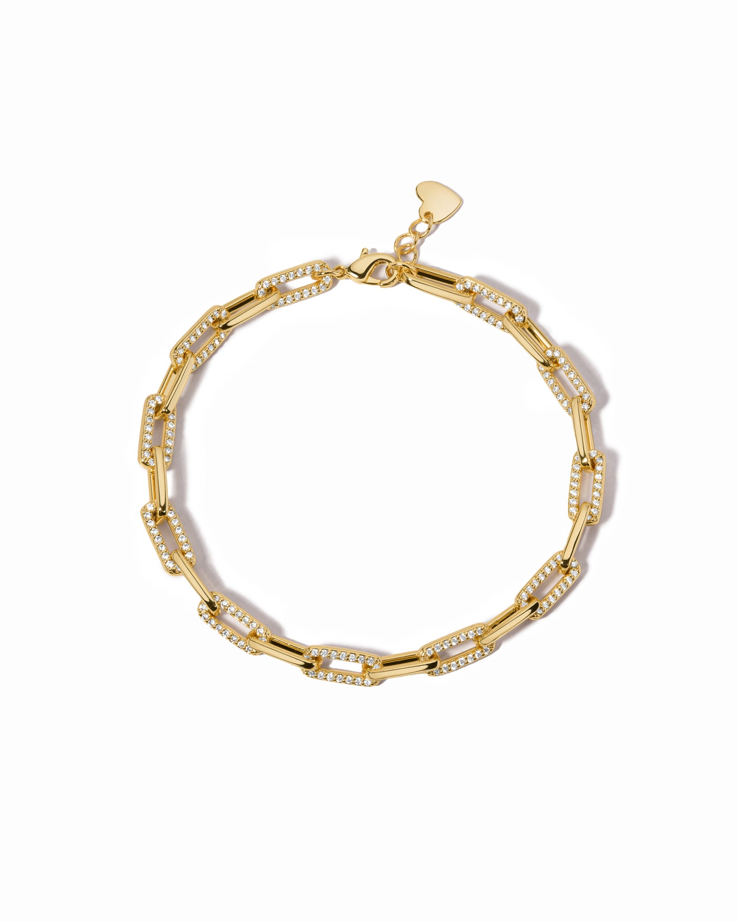 Dainty diamond paperclip bracelet featuring alternating pavé links displayed on a clean white background.