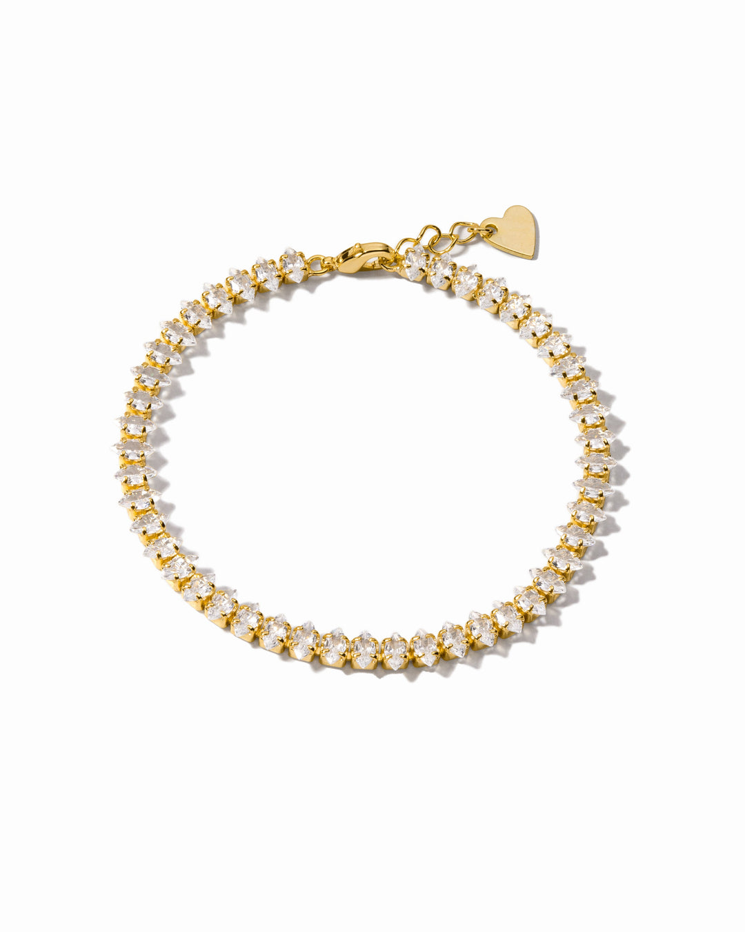 Gold marquise-cut tennis bracelet on a white background