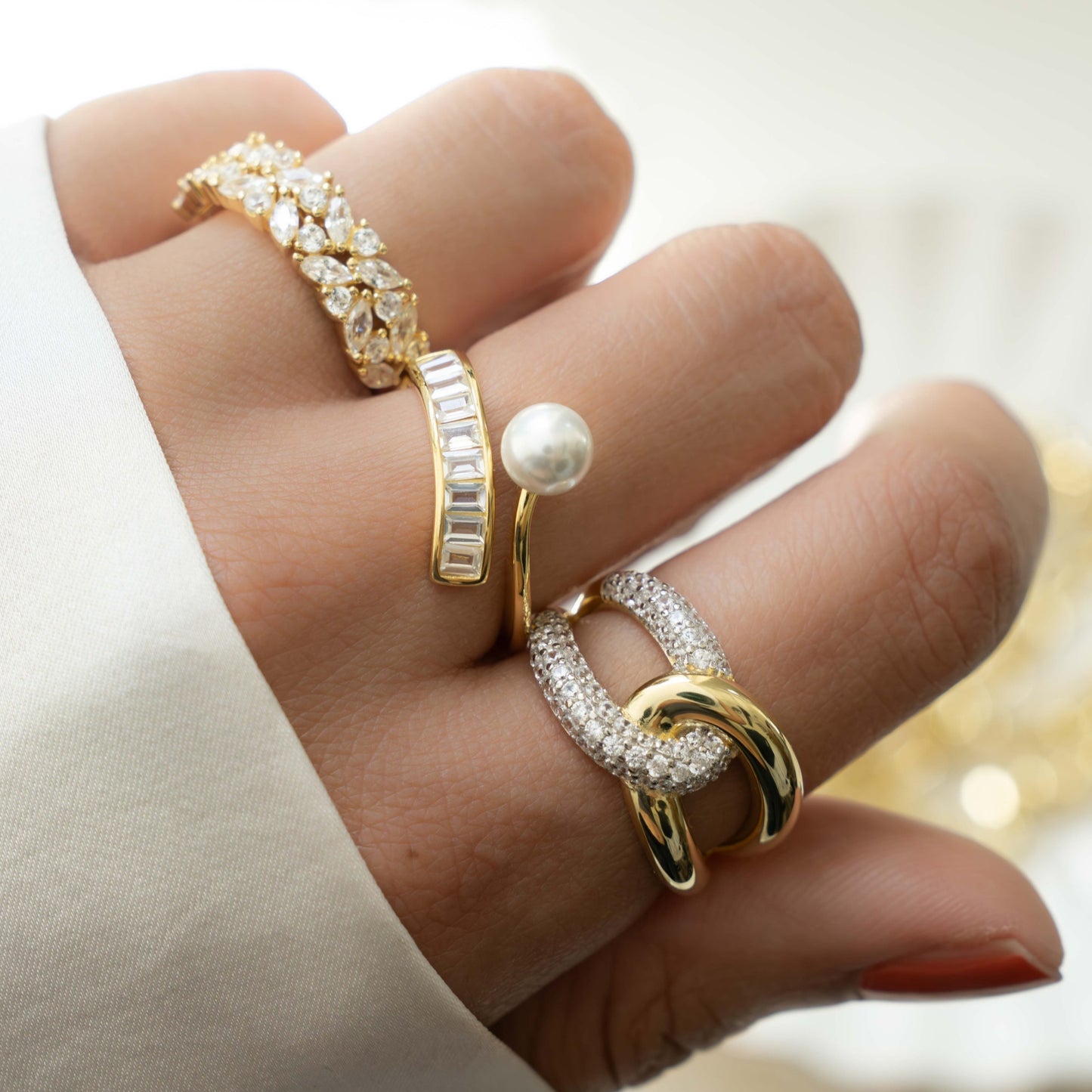 statement rings featuring freshwater pearl baguette ring with wrap ring design