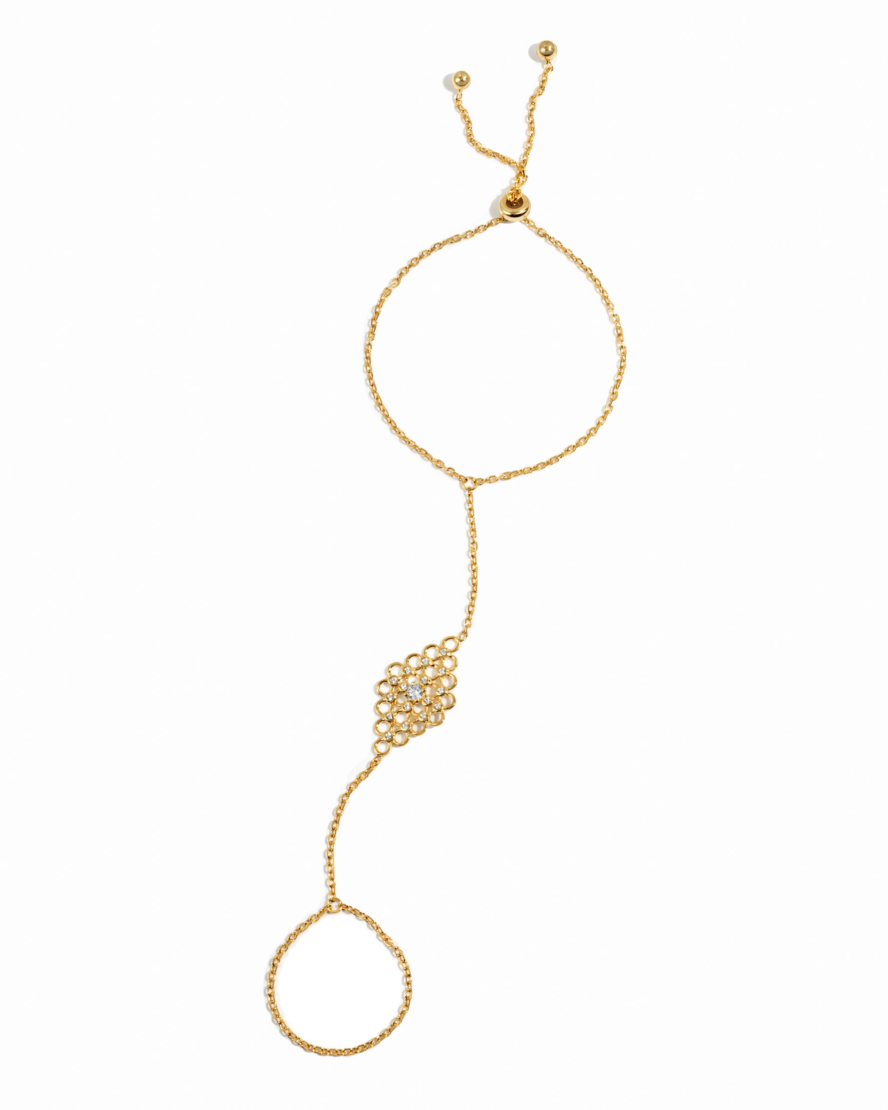 closeup image of gold hand chain bracelet