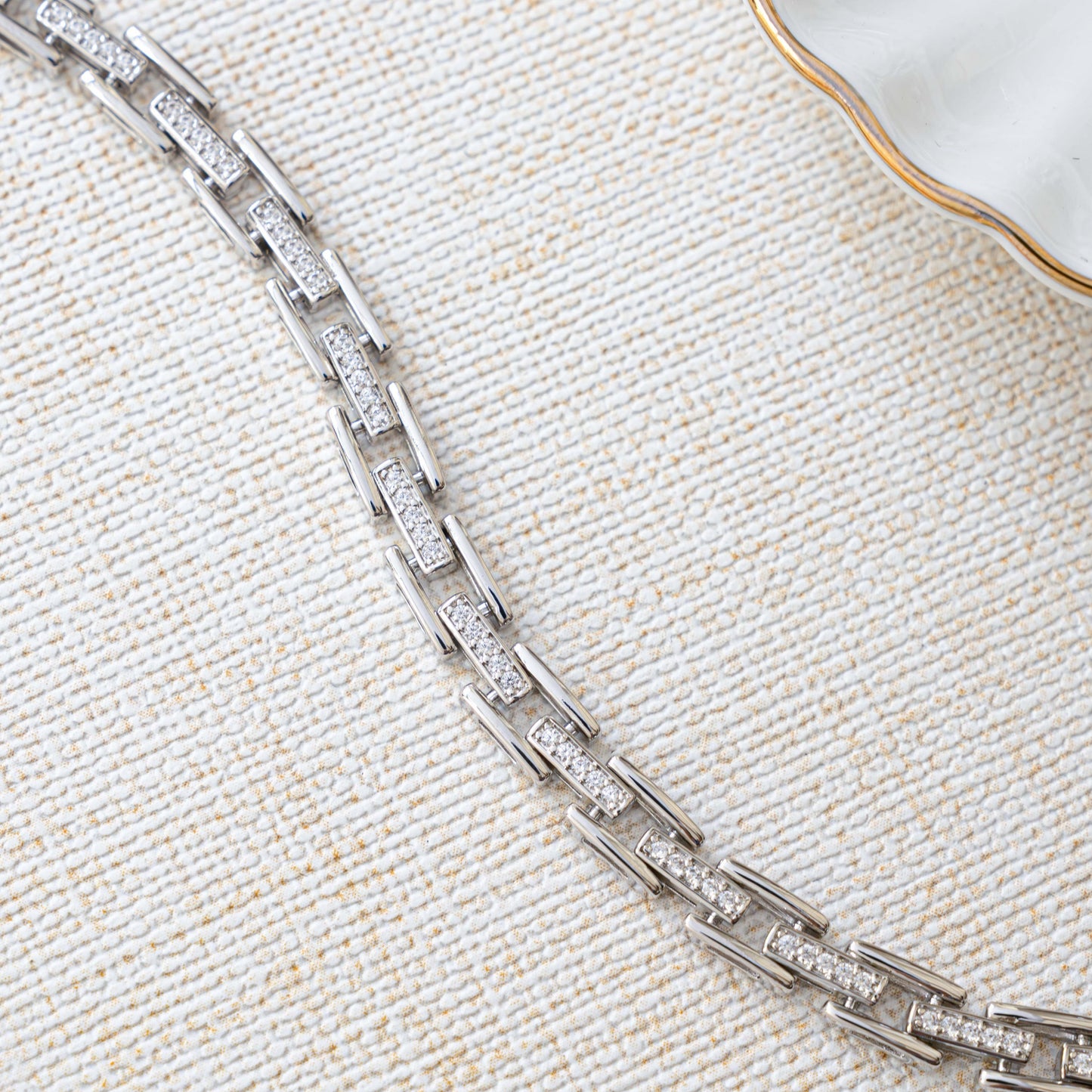 silver chunky bracelet with cubic zirconia diamonds on silver chain