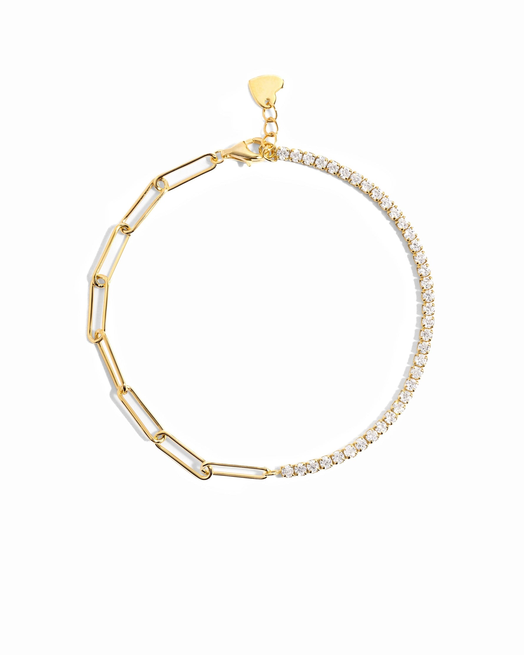 closeup image of bracelet with tennis chain and paperclip chain