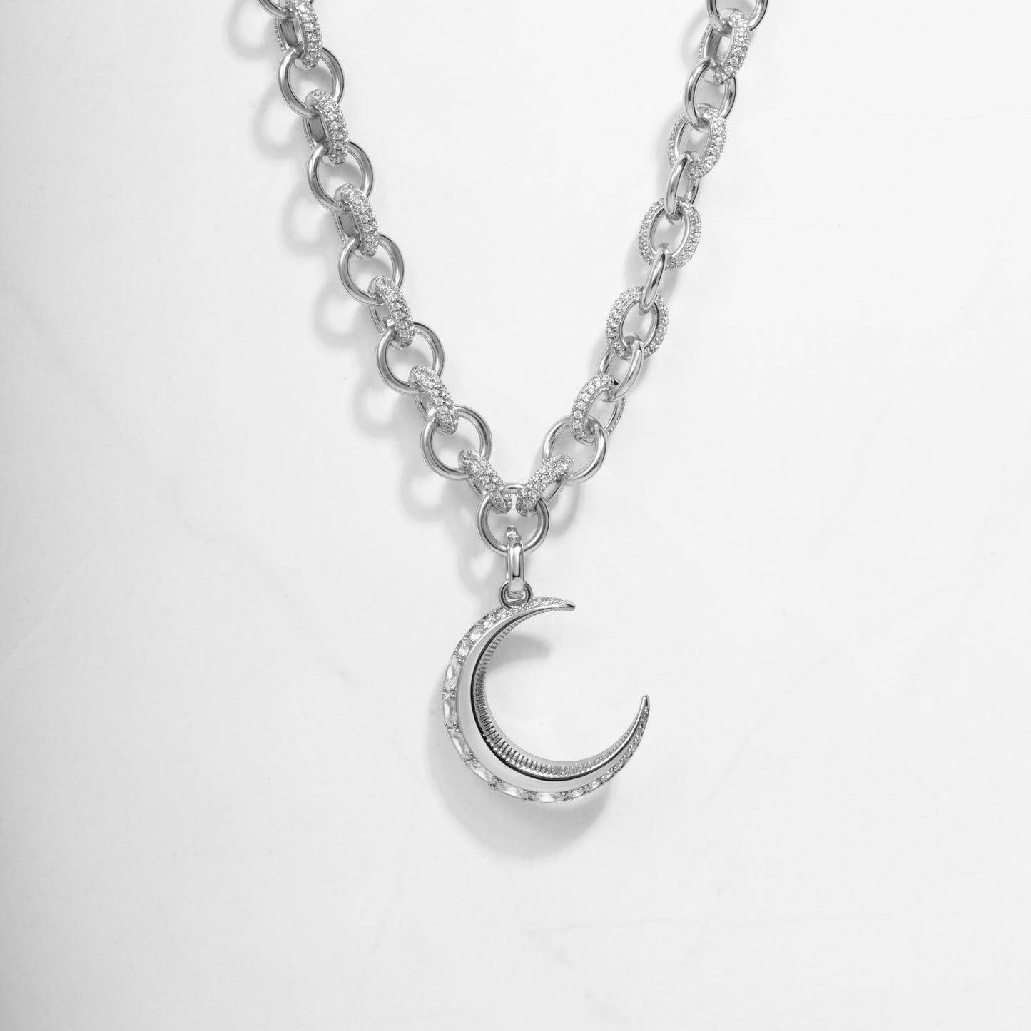 silver pendant necklace with crescent moon charm