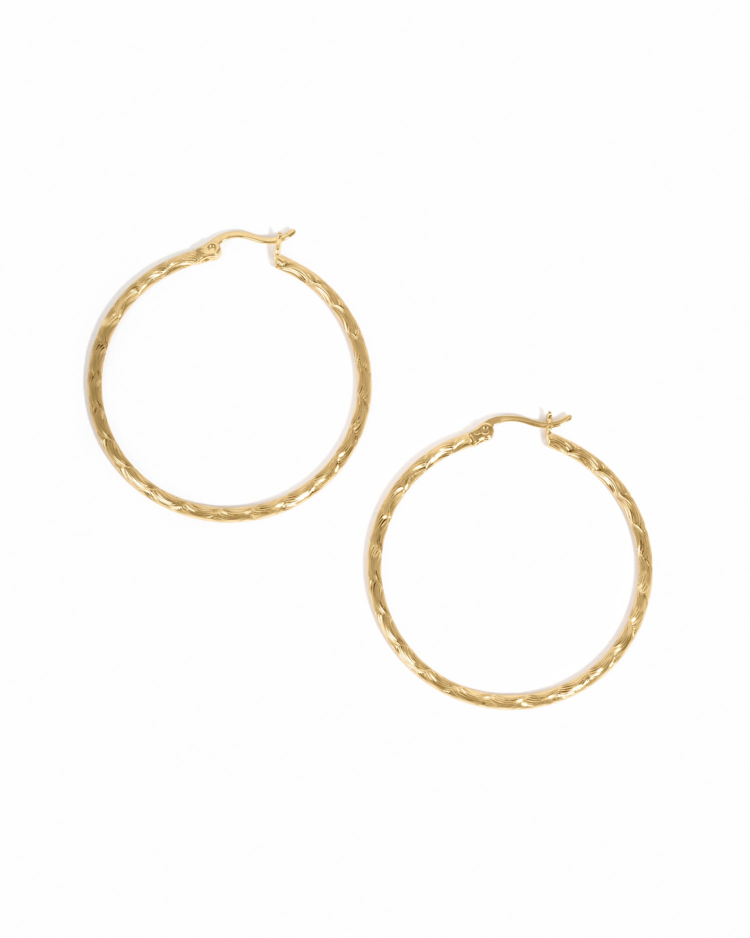 Gold hoop everyday earrings on a white background