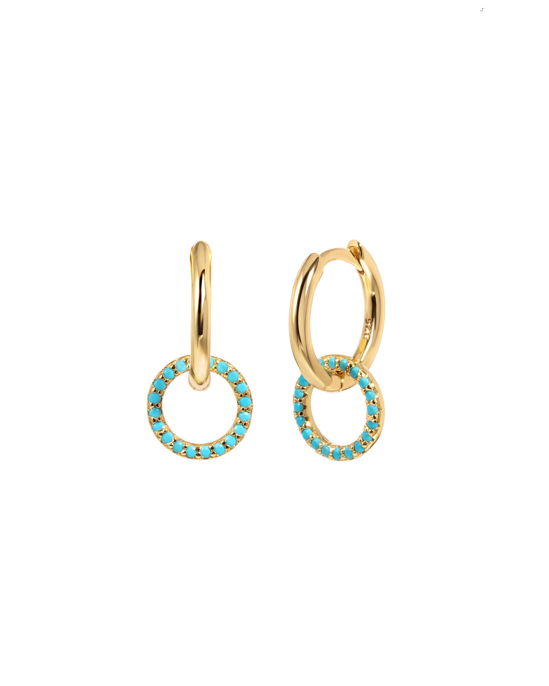 Gold hoop earrings with turquoise stones on a white background