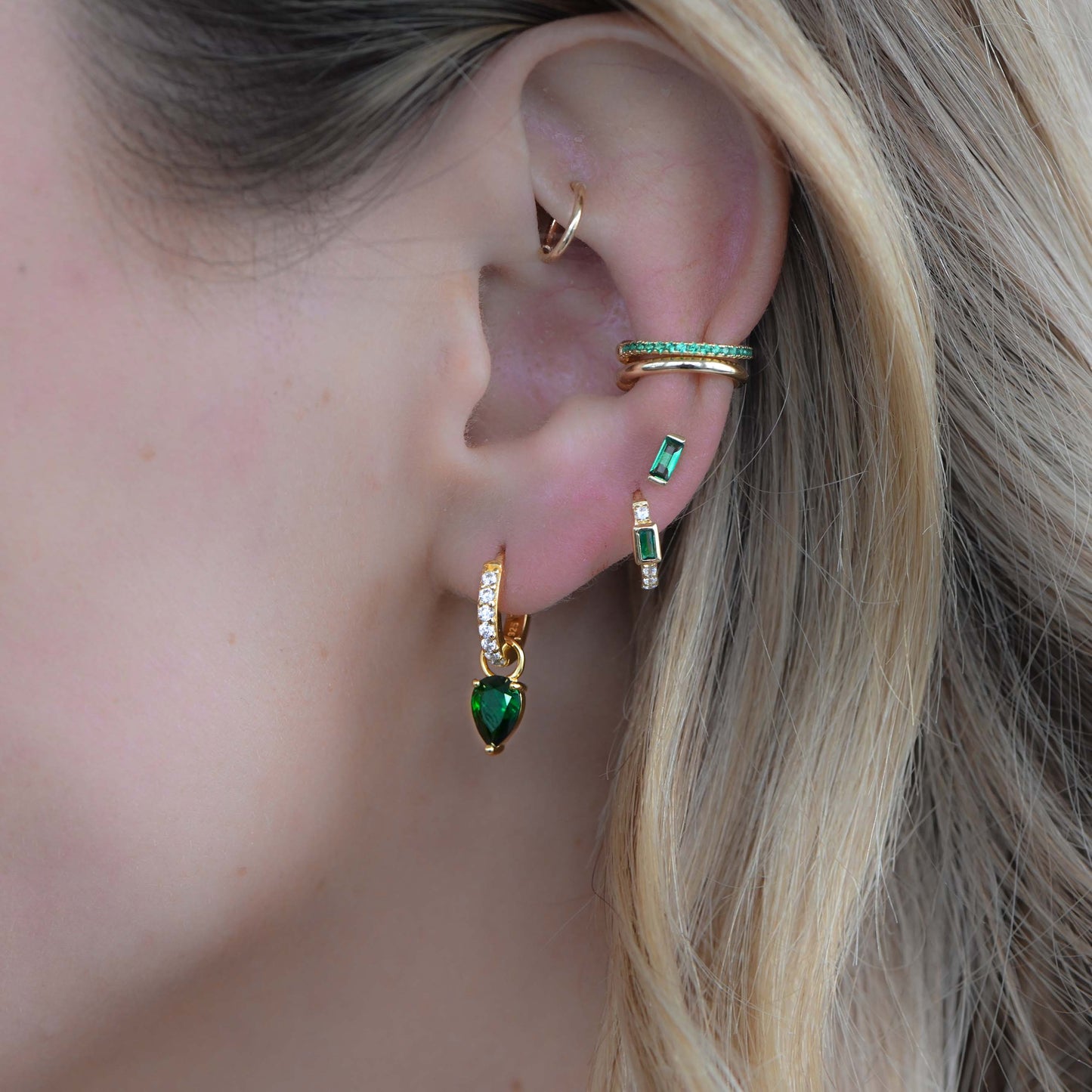 Emerald Tear Drop Charm Huggies