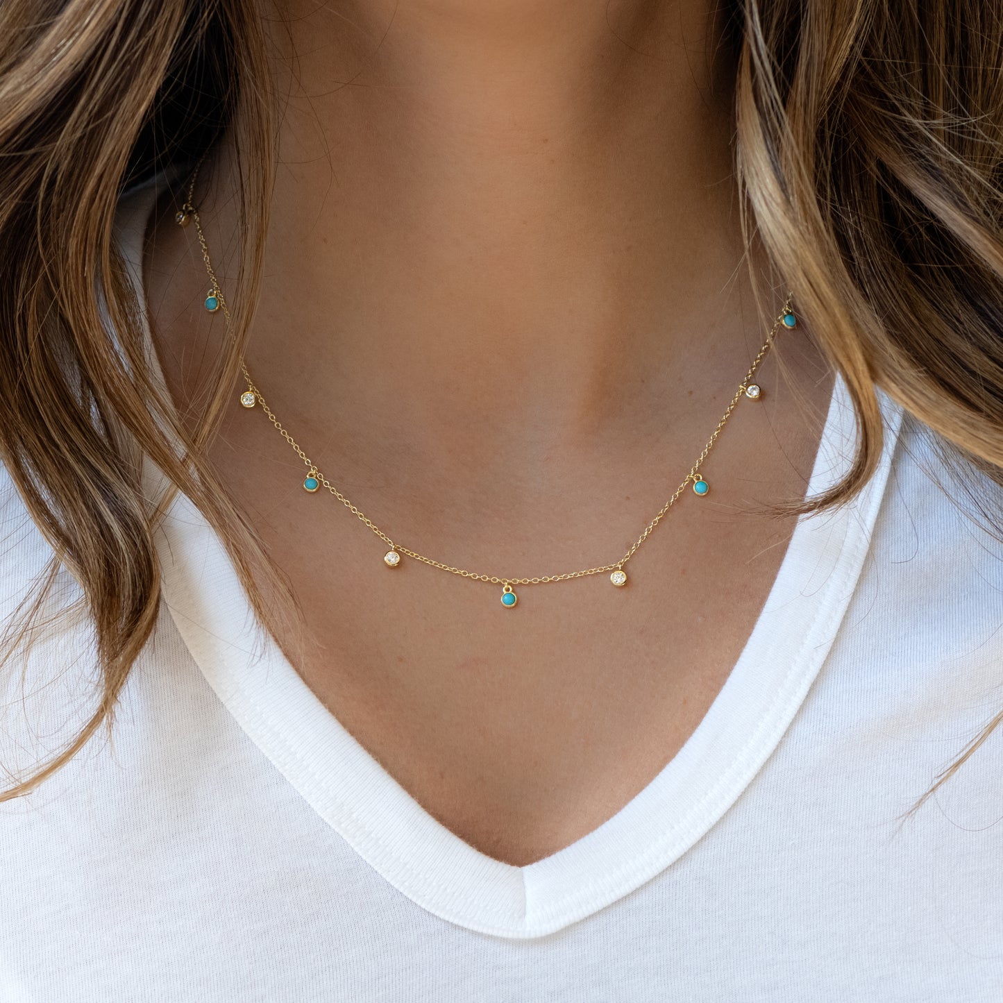 Turquoise & CZ Dangling Charm Necklace