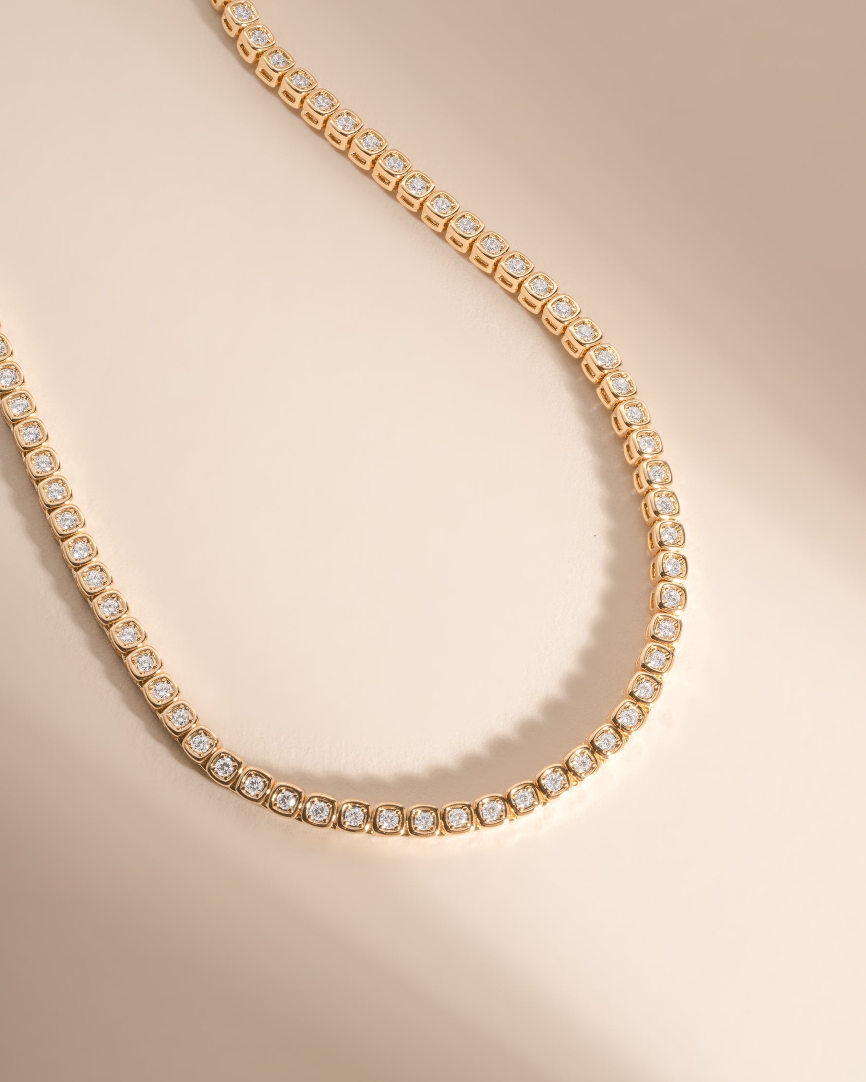Sami Jewels Square Tennis Necklace in 14k gold with diamond CZ cushion bezel design, elegant and sparkling jewelry piece