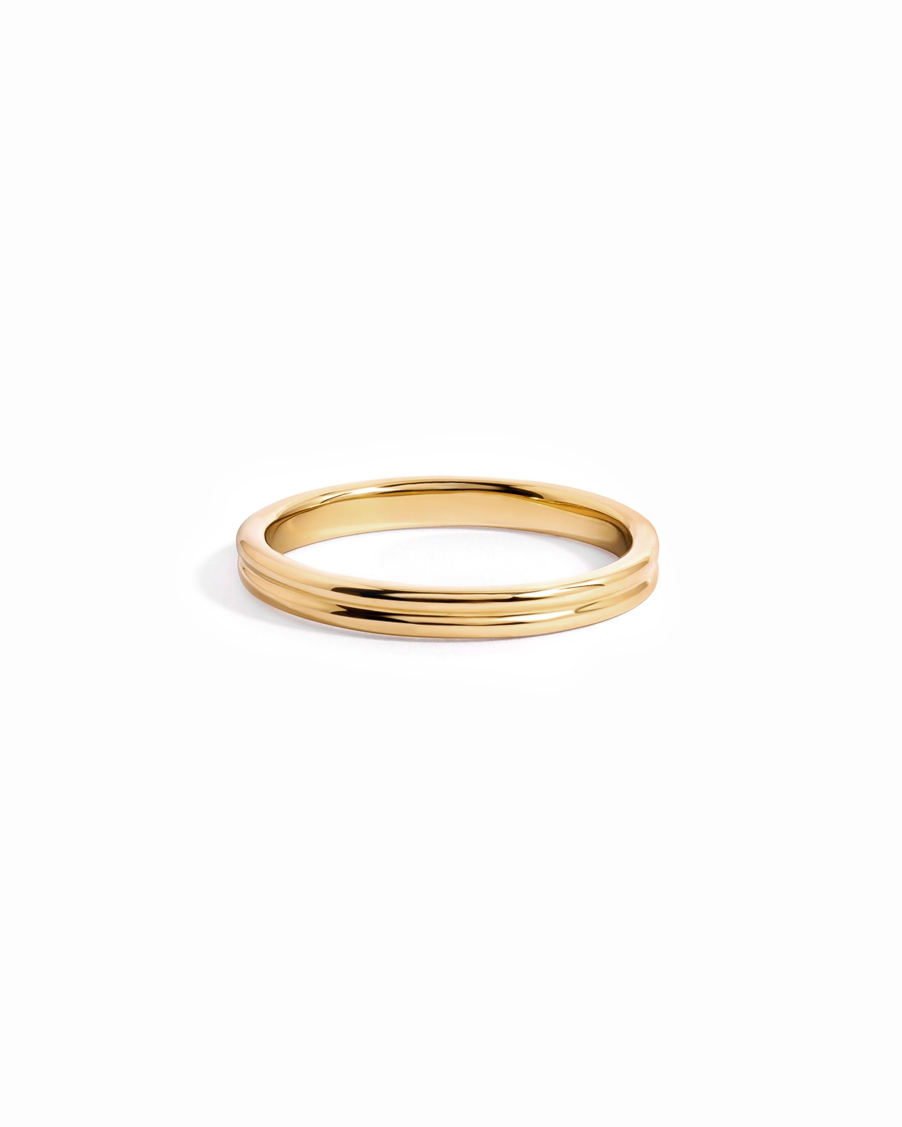 14K solid gold double band ring with layered minimalist design on white background