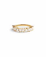 Solid 14k gold multi stone lab grown diamond ring with round and marquise stones on white background