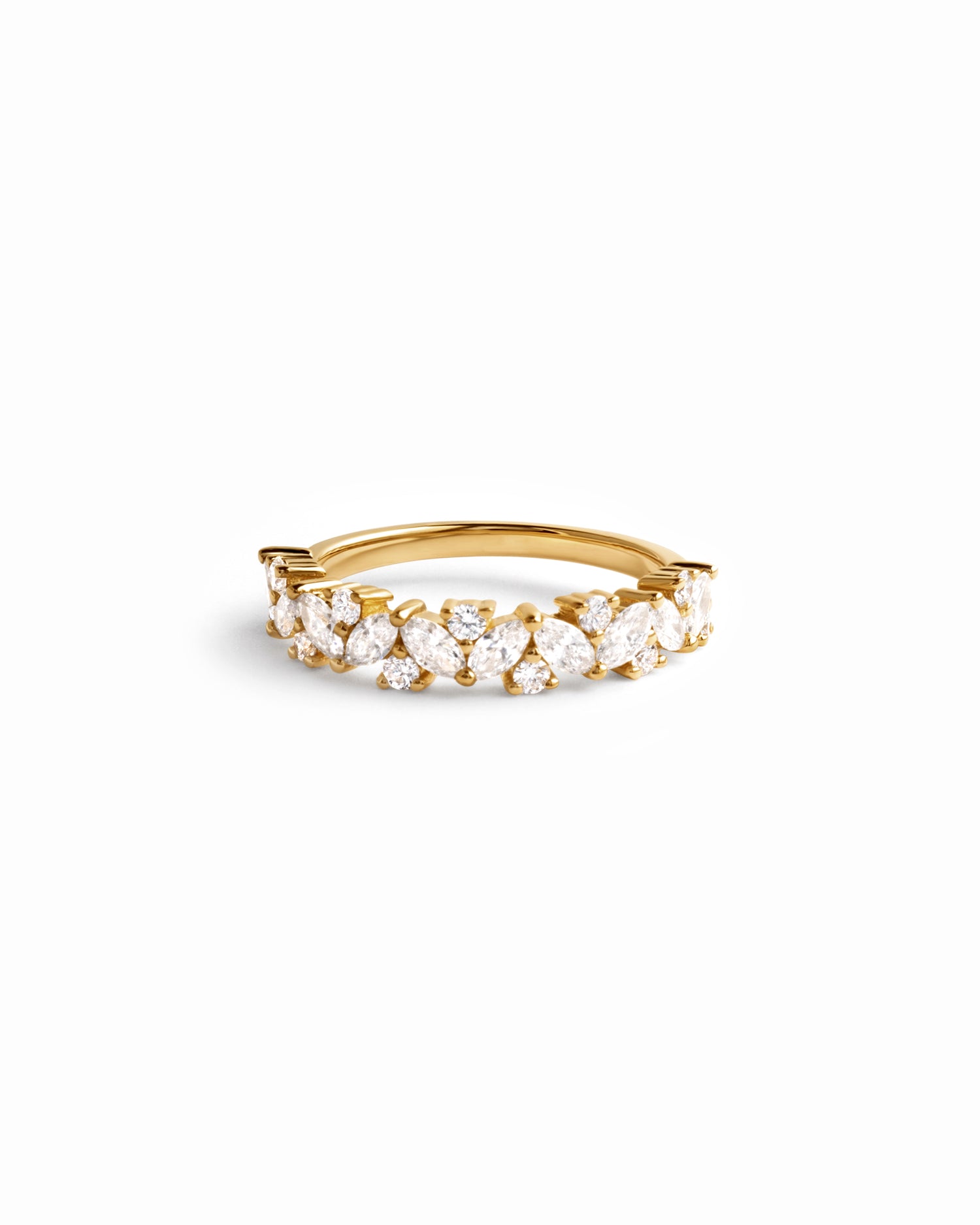 Solid 14k gold multi stone lab grown diamond ring with round and marquise stones on white background
