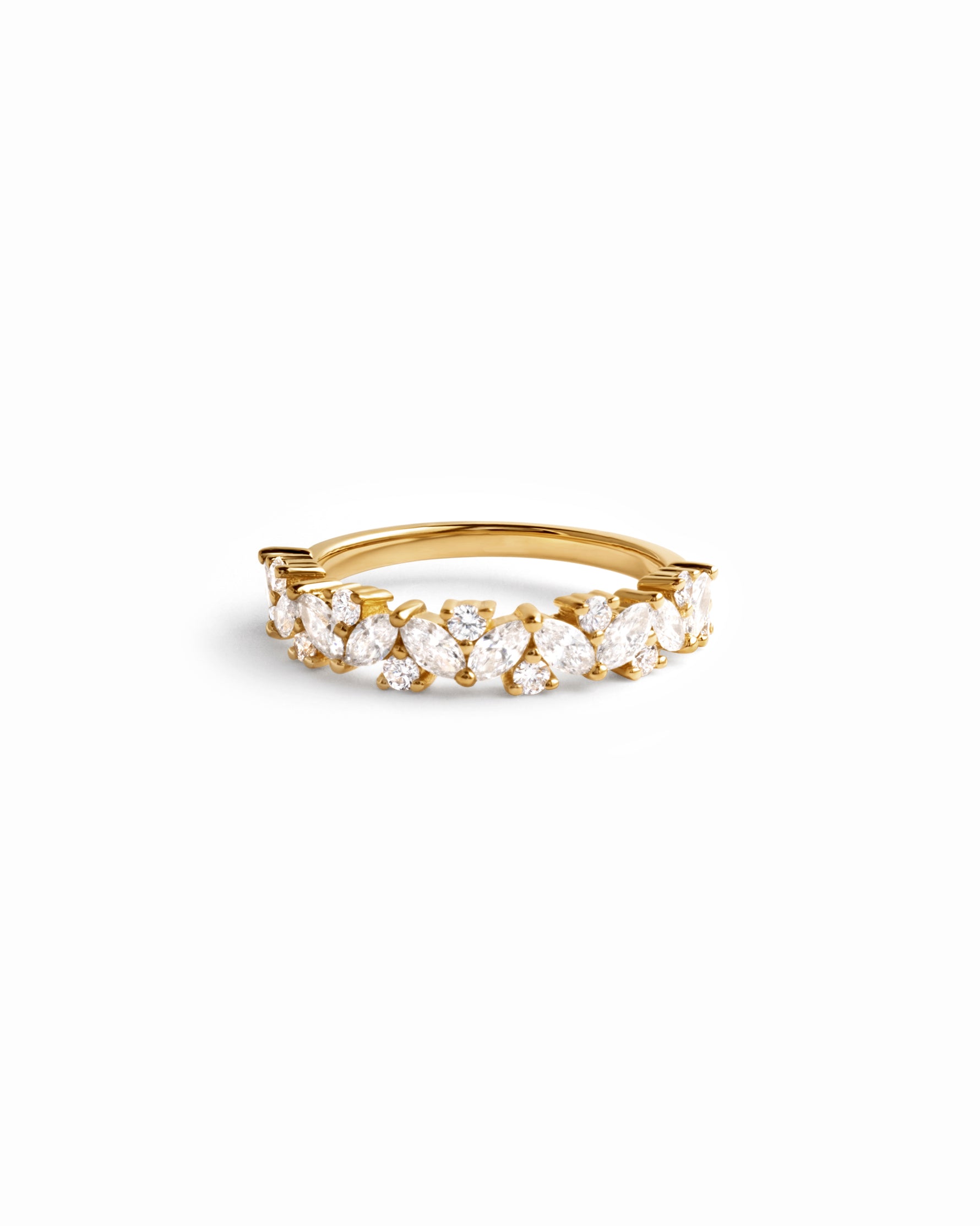 Solid 14k gold multi stone lab grown diamond ring with round and marquise stones on white background