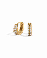 14K solid gold hoop earrings with two rows of diamond accents on a white background