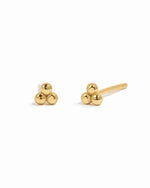 Gold 3-ball stud earrings by Sami Jewels displayed on a white background. Small, round, minimalist jewelry design.