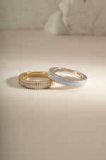 Sami Jewels 3-row diamond ring featuring sterling silver and gold accents, showcasing a layered and sparkling design.