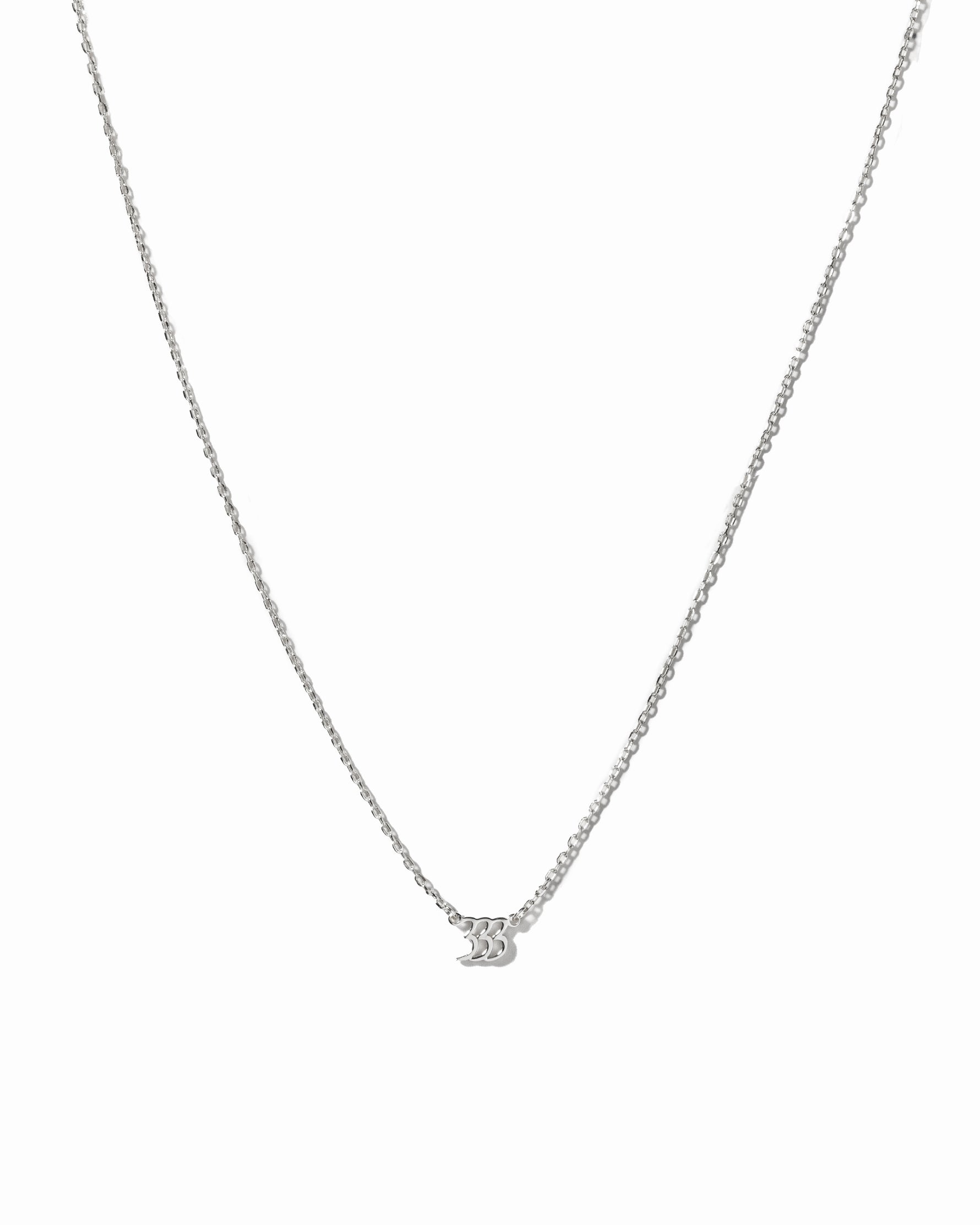 Sterling silver angel number 333 necklace from Sami Jewels on a white background, featuring a delicate pendant with angel number design.