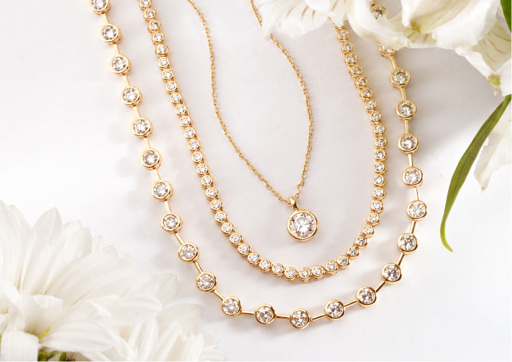 Three layered gold necklaces with clear gemstones are arranged on a white background with white flowers. One necklace features a delicate chain with a single round clear stone pendant.