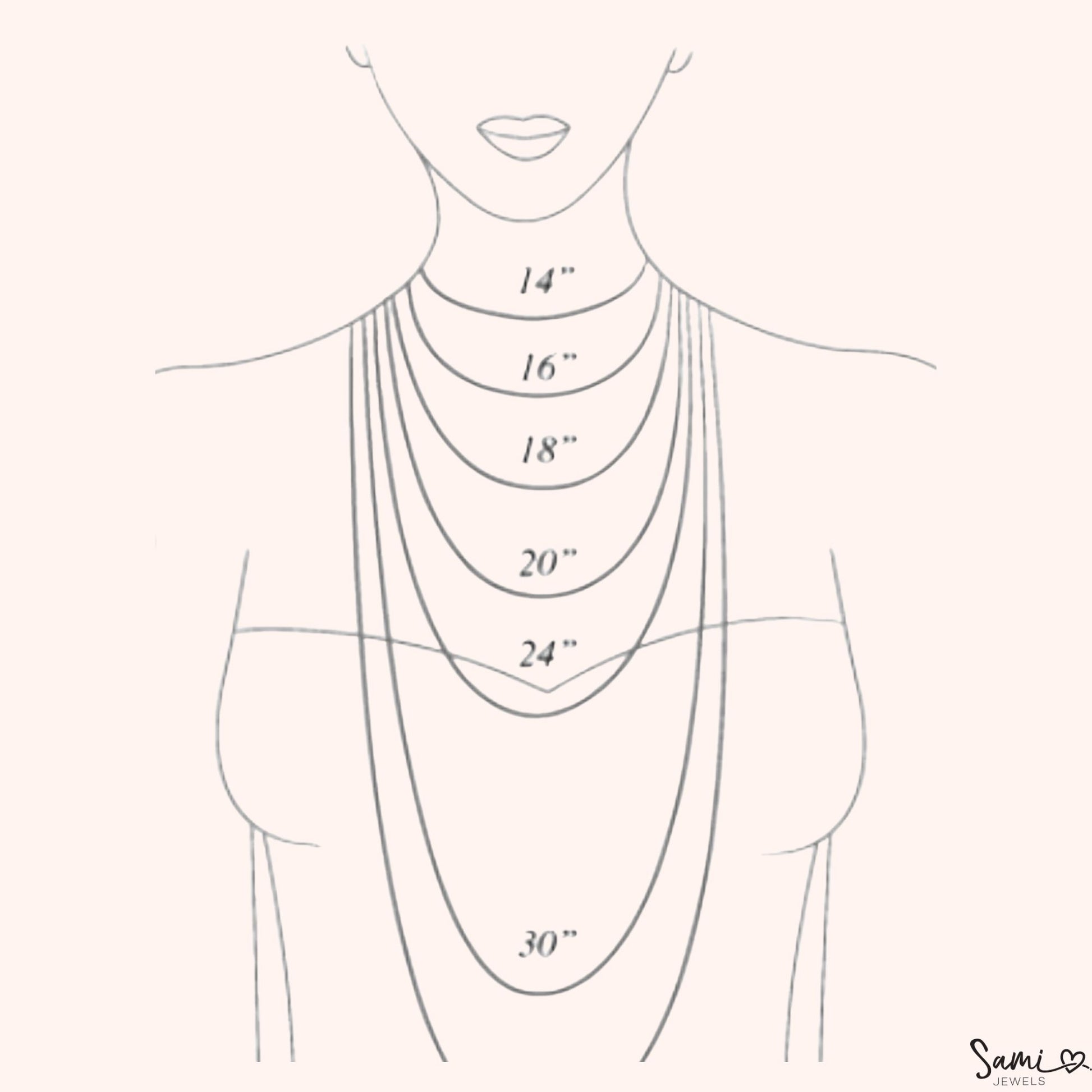 A diagram of a torso with neck and shoulders, illustrating various necklace lengths.