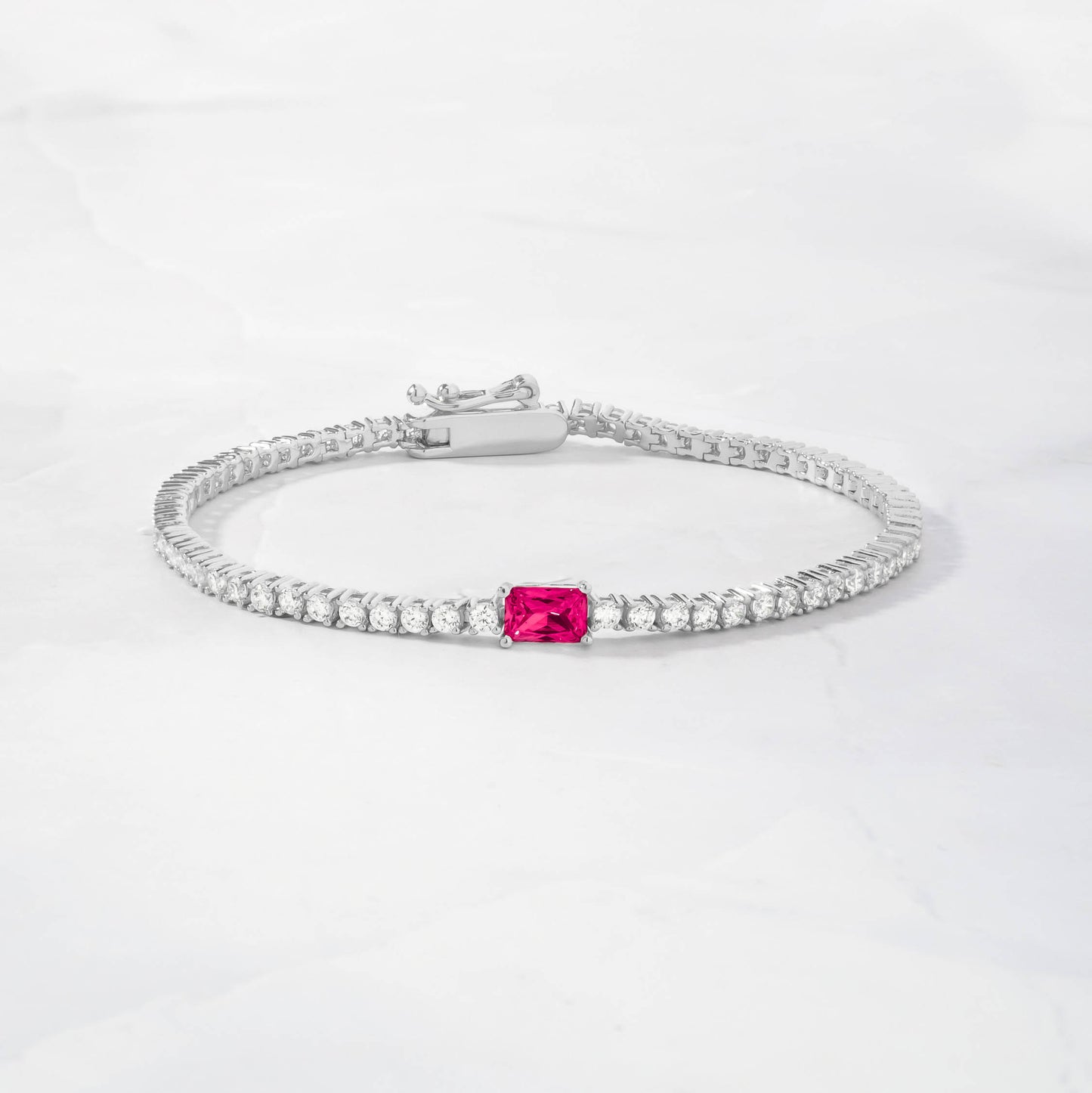 Tennis Bracelet with Ruby Baguette Charm