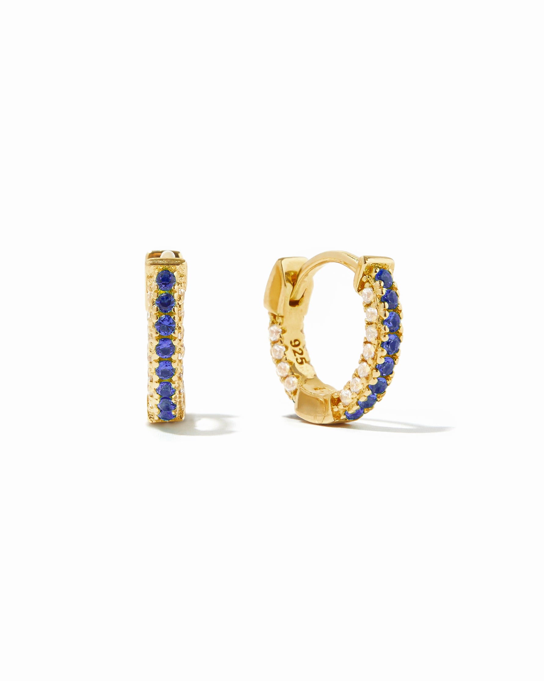 Gold pavé huggies with Sapphire striped CZ's.