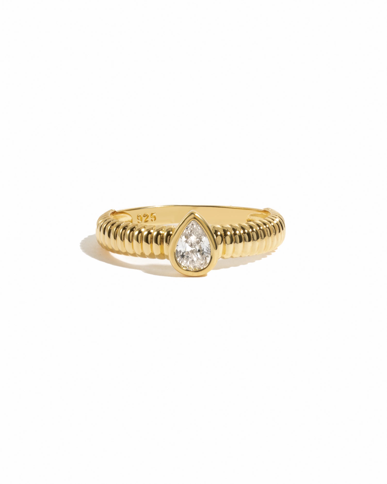 Gold pear diamond ring with fluted band.
