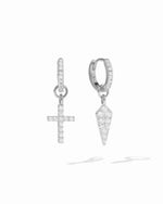 Sterling silver pavé huggie earrings with removable cross and dagger charms.