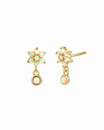 Dangling gold opal floral stud earrings.