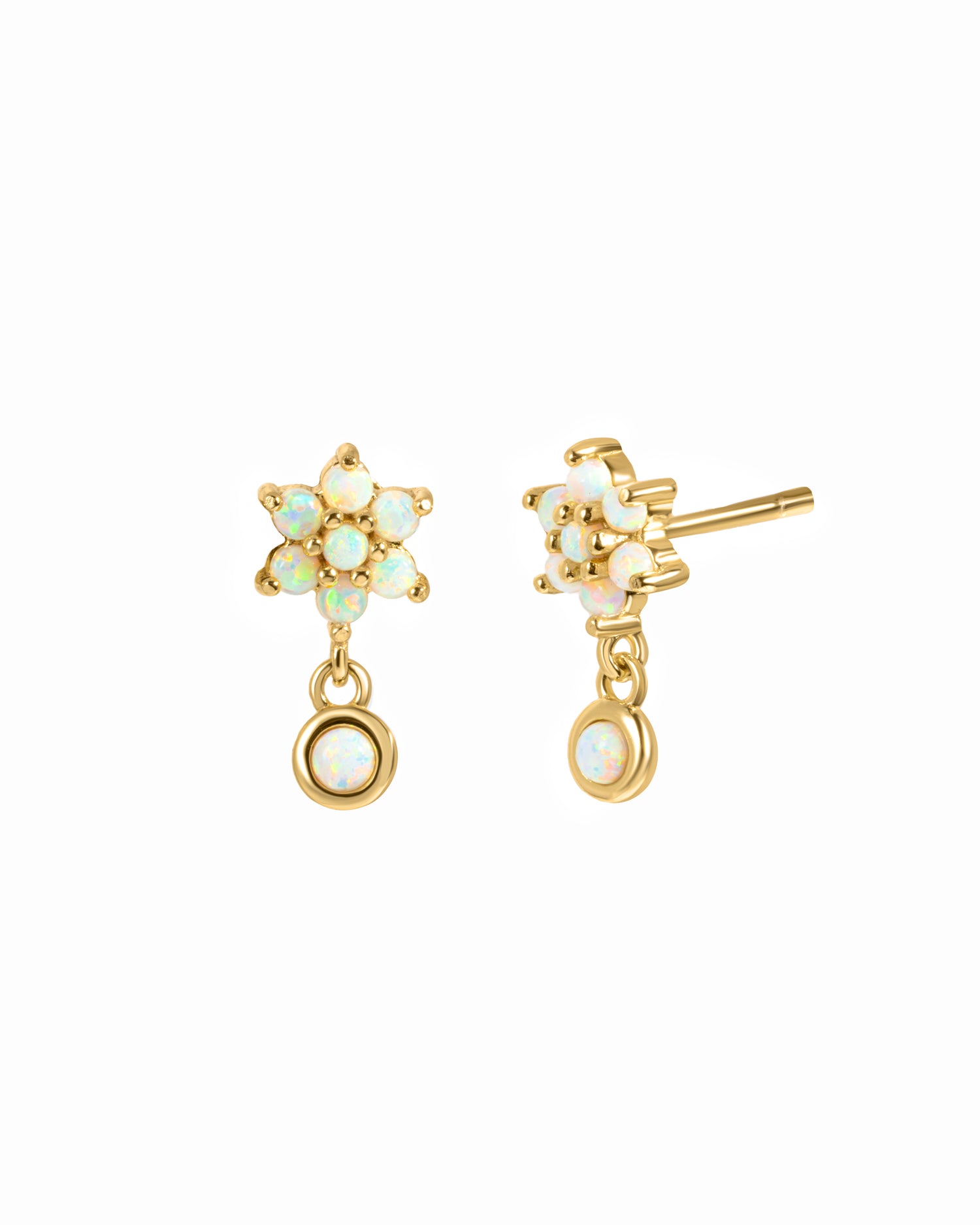 Dangling gold opal floral stud earrings.