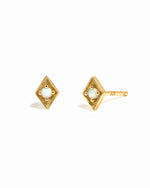 Gold diamond shaped stud earring with opal center.