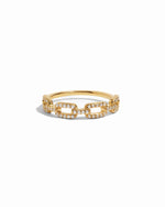 Gold chain link ring with pave diamonds.