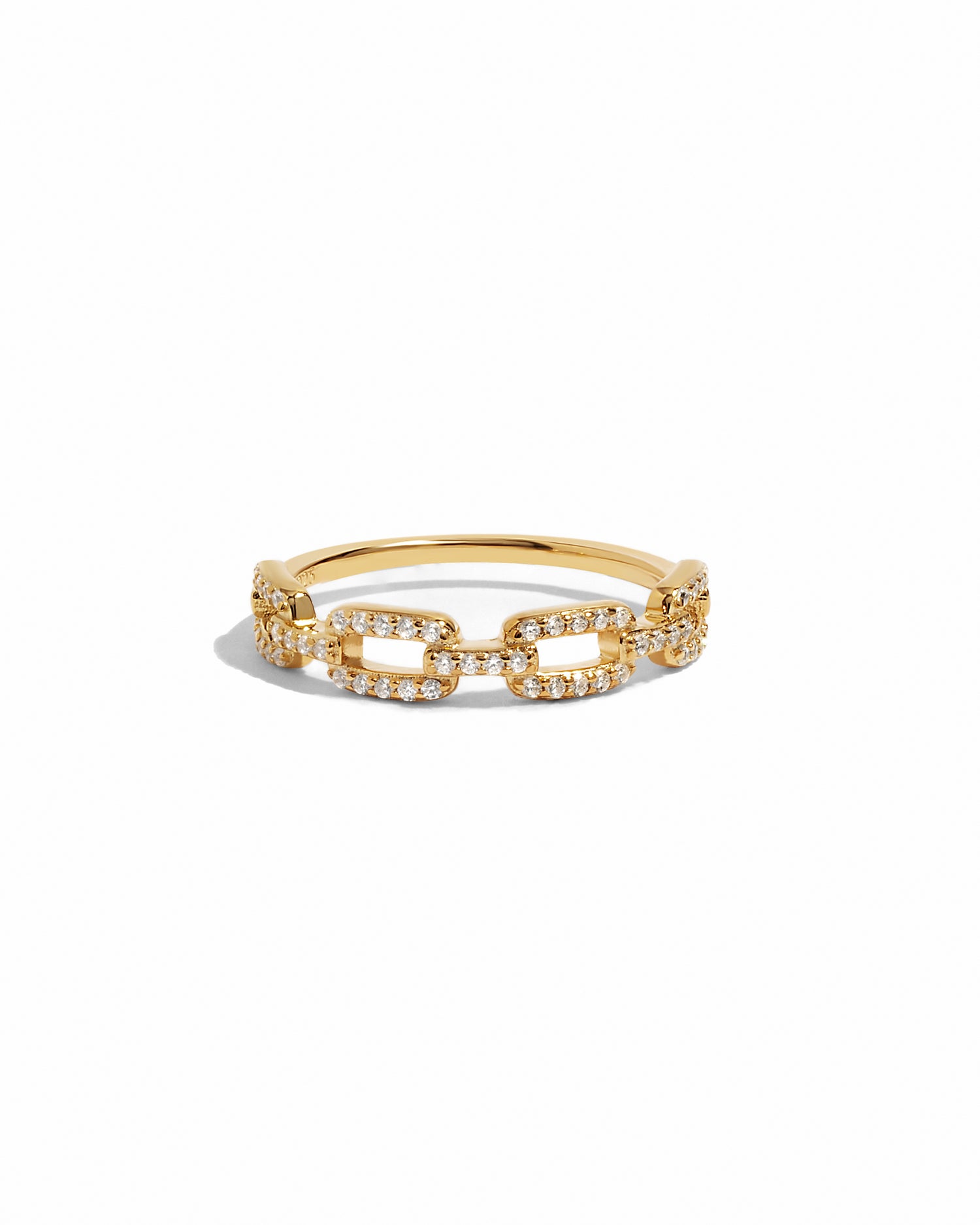 Gold chain link ring with pave diamonds.