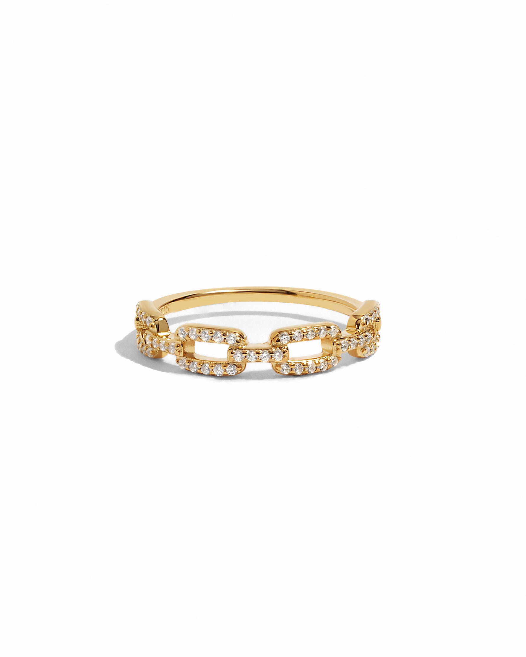 Gold chain link ring with pave diamonds.