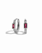 Sterling silver small hoop earrings with ruby baguette and diamond studs.