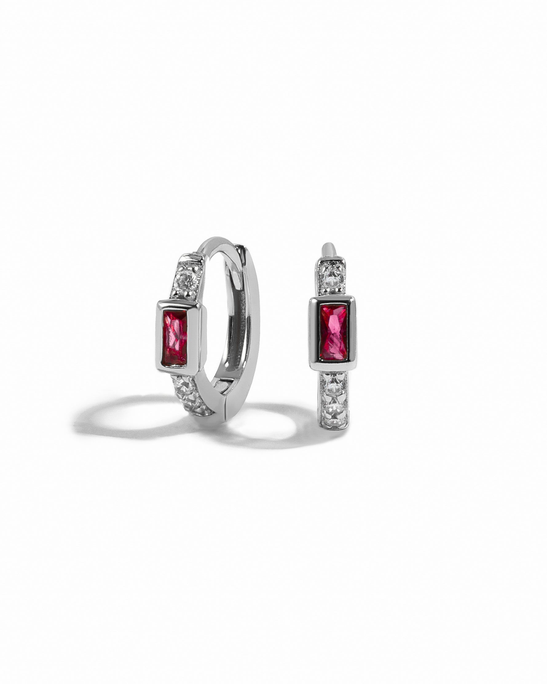 Sterling silver small hoop earrings with ruby baguette and diamond studs.