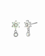 Dangling sterling silver opal floral stud earrings.