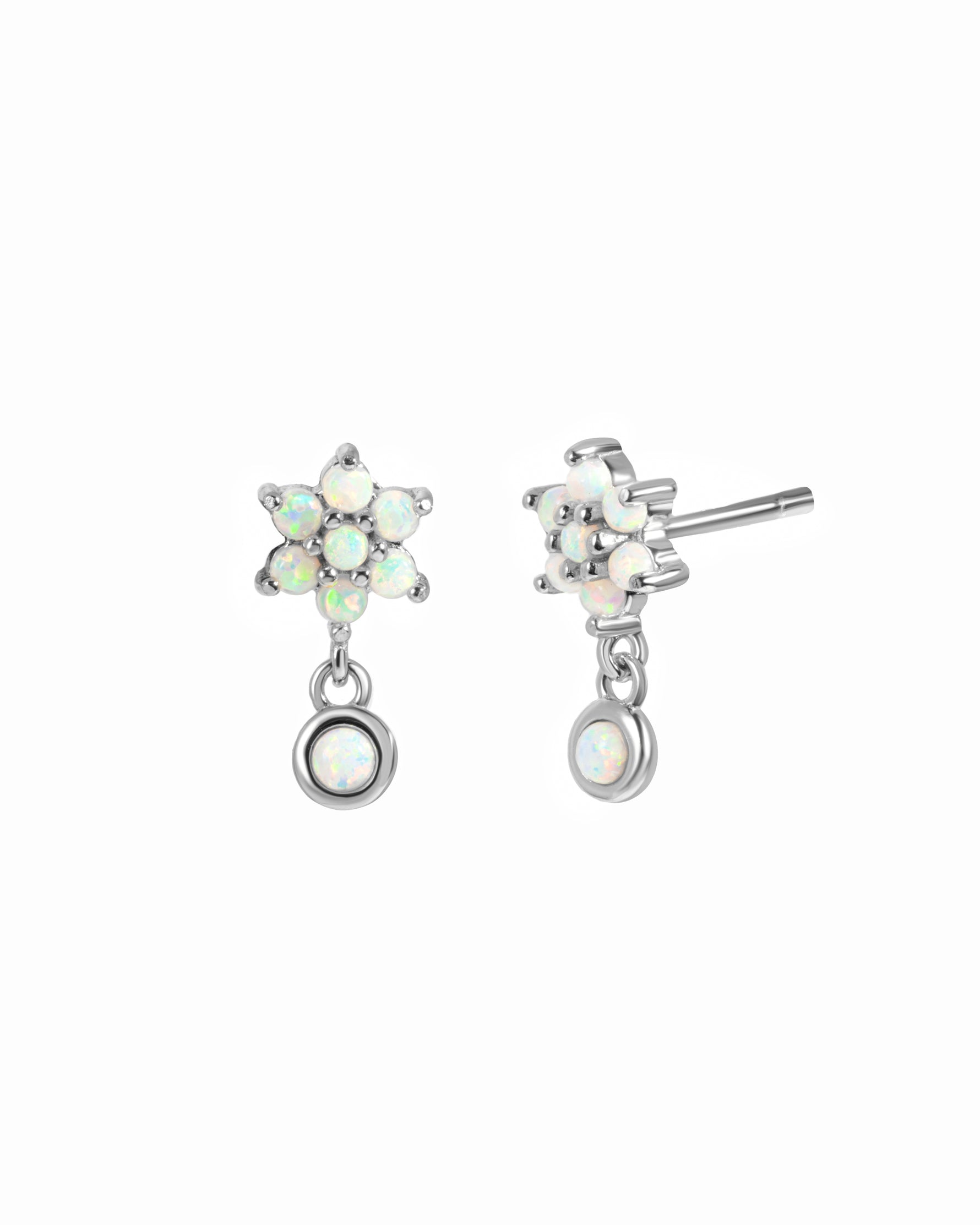 Dangling sterling silver opal floral stud earrings.