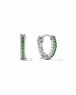 Sterling silver pavé hoop earrings with emerald stripe.