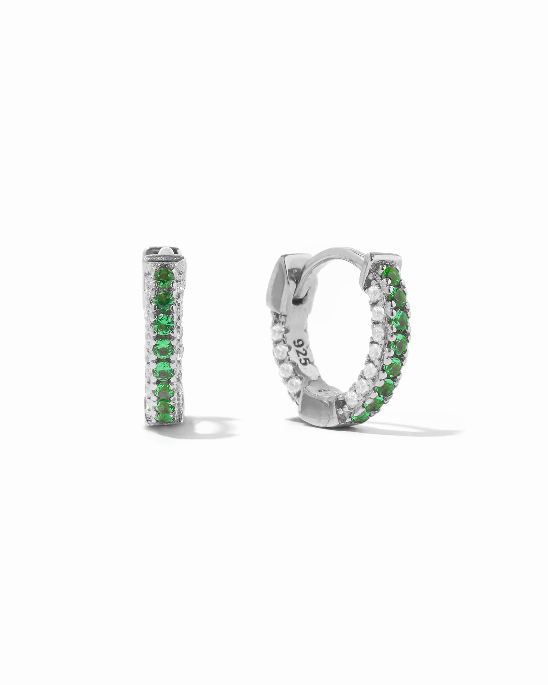 Sterling silver pavé hoop earrings with emerald stripe.