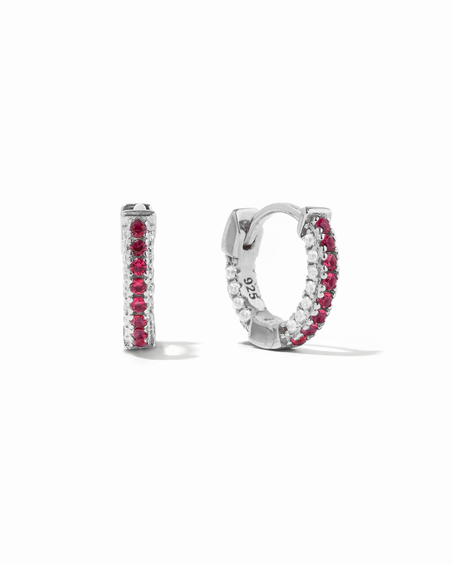 Sterling silver pavé huggie earrings with ruby CZ's