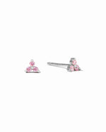 Tiny sterling silver stud earrings with pink gemstones.