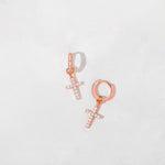 Rose gold cz studded cross charm huggies
